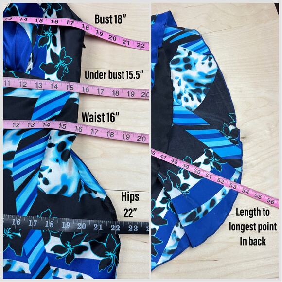 Vintage 1990s Blue and Black Abstract Animal Print Silk Backless Halter Dress - Picture 6 of 7